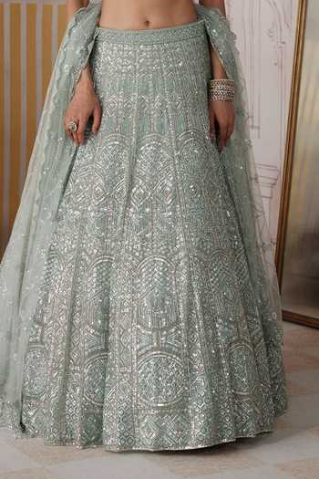 Shop Basanti Kapde Aur Koffee Blue Silk, Net V-neck Glacial Mint Embroidered Lehenga Set Online at Aza Fashions Shop_Basanti Kapde Aur Koffee_Blue Silk, Net V-neck Glacial Mint Embroidered Lehenga Set _Online_at_Aza_Fashions