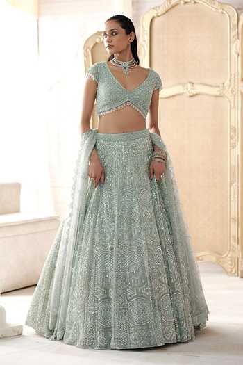 Basanti Kapde Aur Koffee Blue Silk, Net V-neck Glacial Mint Embroidered Lehenga Set at Aza Fashions Basanti Kapde Aur Koffee_Blue Silk, Net V-neck Glacial Mint Embroidered Lehenga Set _at_Aza_Fashions