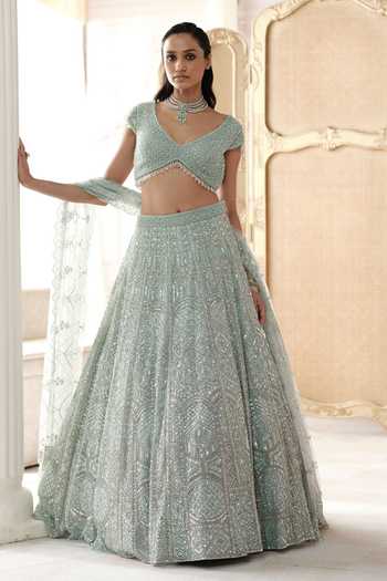 Buy Basanti Kapde Aur Koffee Blue Silk, Net V-neck Glacial Mint Embroidered Lehenga Set Buy_Basanti Kapde Aur Koffee_Blue Silk, Net V-neck Glacial Mint Embroidered Lehenga Set
