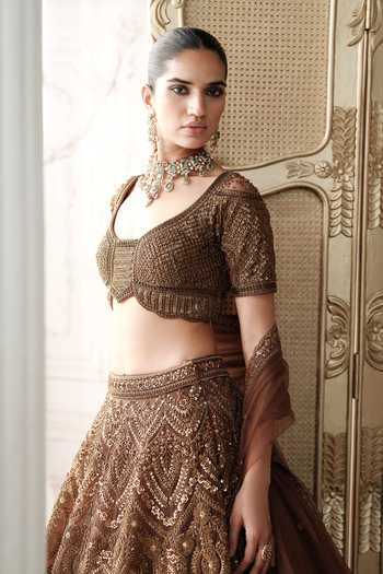 Buy Basanti Kapde aur Koffee Brown Silk, Net Scoop Neck Cocoa Royale Embroidered Lehenga Set Online at Aza Fashions Buy_Basanti Kapde aur Koffee_Brown Silk, Net Scoop Neck Cocoa Royale Embroidered Lehenga Set _Online_at_Aza_Fashions