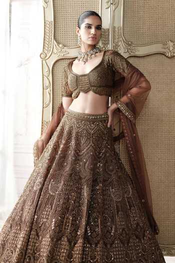 Buy Basanti Kapde aur Koffee Brown Silk, Net Scoop Neck Cocoa Royale Embroidered Lehenga Set Buy_Basanti Kapde aur Koffee_Brown Silk, Net Scoop Neck Cocoa Royale Embroidered Lehenga Set