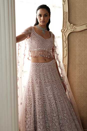 Buy Basanti Kapde aur Koffee Peach Silk, Net Scoop Neck Blush Elysee Embroidered Lehenga Set Buy_Basanti Kapde aur Koffee_Peach Silk, Net Scoop Neck Blush Elysee Embroidered Lehenga Set