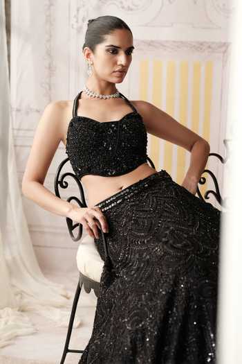 Basanti Kapde Aur Koffee Black Net Halter Neck Noir Etoile Embroidered Lehenga Set Online at Aza Fashions Basanti Kapde Aur Koffee_Black Net Halter Neck Noir Etoile Embroidered Lehenga Set _Online_at_Aza_Fashions