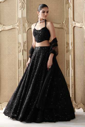 Basanti Kapde Aur Koffee Black Net Halter Neck Noir Etoile Embroidered Lehenga Set at Aza Fashions Basanti Kapde Aur Koffee_Black Net Halter Neck Noir Etoile Embroidered Lehenga Set _at_Aza_Fashions