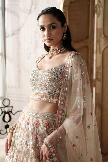 Basanti Kapde aur Koffee Beige Net Sweetheart Neck Champagne Mosaic Embroidered Lehenga Set Online at Aza Fashions Basanti Kapde aur Koffee_Beige Net Sweetheart Neck Champagne Mosaic Embroidered Lehenga Set _Online_at_Aza_Fashions