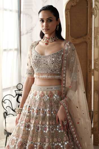 Buy Basanti Kapde aur Koffee Beige Net Sweetheart Neck Champagne Mosaic Embroidered Lehenga Set Online at Aza Fashions Buy_Basanti Kapde aur Koffee_Beige Net Sweetheart Neck Champagne Mosaic Embroidered Lehenga Set _Online_at_Aza_Fashions