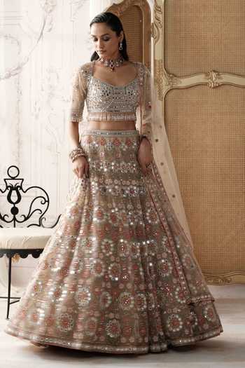 Shop Basanti Kapde aur Koffee Beige Net Sweetheart Neck Champagne Mosaic Embroidered Lehenga Set Online at Aza Fashions Shop_Basanti Kapde aur Koffee_Beige Net Sweetheart Neck Champagne Mosaic Embroidered Lehenga Set _Online_at_Aza_Fashions