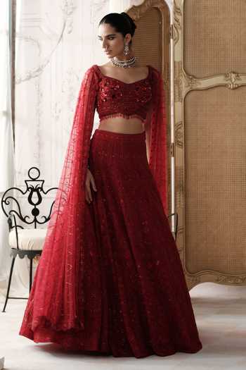 Shop_Basanti Kapde aur Koffee_Red Net Sweetheart Neck Crimson Etoile Embroidered Lehenga Set _Online_at_Aza_Fashions