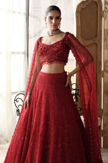 Basanti Kapde aur Koffee_Red Net Sweetheart Neck Crimson Etoile Embroidered Lehenga Set _at_Aza_Fashions
