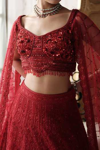 Shop_Basanti Kapde aur Koffee_Red Net Sweetheart Neck Crimson Etoile Embroidered Lehenga Set 