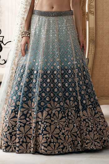 Buy Basanti Kapde Aur Koffee Blue Net Asymmetric Neck Aqua Lagoon Embroidered Lehenga And Blouse Set Buy_Basanti Kapde Aur Koffee_Blue Net Asymmetric Neck Aqua Lagoon Embroidered Lehenga And Blouse Set