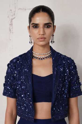 Basanti Kapde Aur Koffee Blue Net Square Neck Midnight Revierie Embroidered Jacket Lehenga Set Online at Aza Fashions Basanti Kapde Aur Koffee_Blue Net Square Neck Midnight Revierie Embroidered Jacket Lehenga Set _Online_at_Aza_Fashions