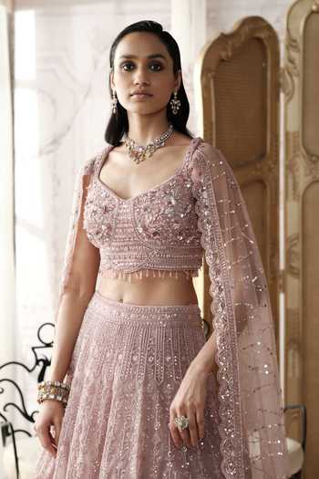Buy Basanti Kapde aur Koffee Purple Net V-neck Champagne Blush Embroidered Lehenga And Blouse Set Online at Aza Fashions Buy_Basanti Kapde aur Koffee_Purple Net V-neck Champagne Blush Embroidered Lehenga And Blouse Set _Online_at_Aza_Fashions