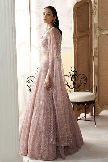 Shop Basanti Kapde aur Koffee Purple Net V-neck Champagne Blush Embroidered Lehenga And Blouse Set Online at Aza Fashions Shop_Basanti Kapde aur Koffee_Purple Net V-neck Champagne Blush Embroidered Lehenga And Blouse Set _Online_at_Aza_Fashions