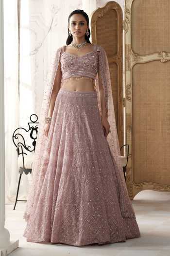 Basanti Kapde aur Koffee Purple Net V-neck Champagne Blush Embroidered Lehenga And Blouse Set at Aza Fashions Basanti Kapde aur Koffee_Purple Net V-neck Champagne Blush Embroidered Lehenga And Blouse Set _at_Aza_Fashions