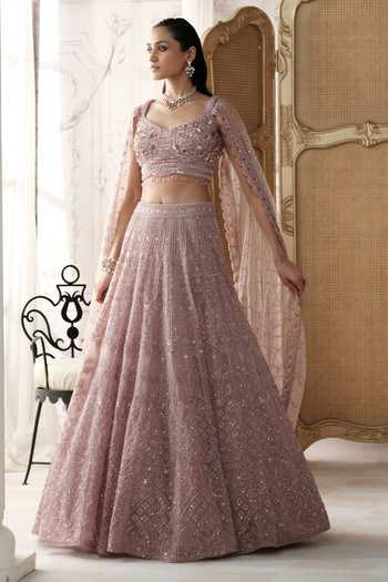 Buy Basanti Kapde aur Koffee Purple Net V-neck Champagne Blush Embroidered Lehenga And Blouse Set Buy_Basanti Kapde aur Koffee_Purple Net V-neck Champagne Blush Embroidered Lehenga And Blouse Set