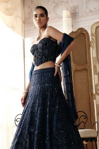Shop Basanti Kapde aur Koffee Blue Net Sweetheart Neck Midnight Etoile Embroidered Lehenga Set Online at Aza Fashions Shop_Basanti Kapde aur Koffee_Blue Net Sweetheart Neck Midnight Etoile Embroidered Lehenga Set _Online_at_Aza_Fashions