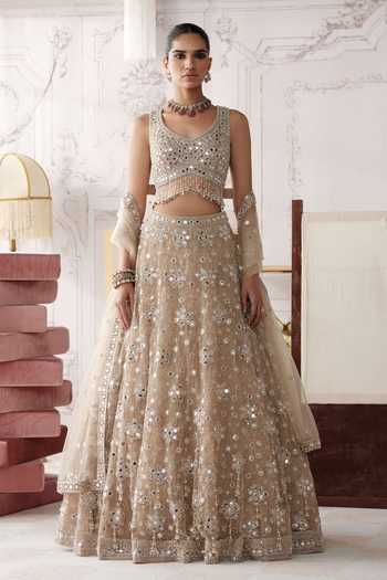 Buy Basanti Kapde aur Koffee Gold Net V-neck Champagne Radiance Embroidered Lehenga Set Online at Aza Fashions Buy_Basanti Kapde aur Koffee_Gold Net V-neck Champagne Radiance Embroidered Lehenga Set _Online_at_Aza_Fashions