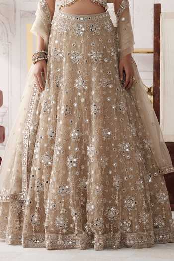 Shop Basanti Kapde aur Koffee Gold Net V-neck Champagne Radiance Embroidered Lehenga Set Online at Aza Fashions Shop_Basanti Kapde aur Koffee_Gold Net V-neck Champagne Radiance Embroidered Lehenga Set _Online_at_Aza_Fashions