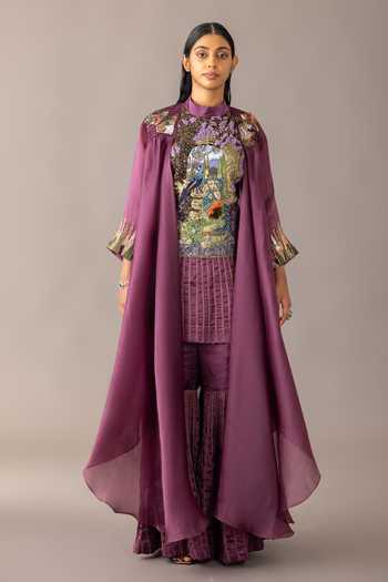 Buy A Humming Way Wine Organza, Georgette, Satin, Bemberg Hamada Embroidered Kurta Set With Cape Online at Aza Fashions Buy_A Humming Way_Wine Organza, Georgette, Satin, Bemberg Hamada Embroidered Kurta Set With Cape _Online_at_Aza_Fashions