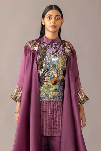 Shop A Humming Way Wine Organza, Georgette, Satin, Bemberg Hamada Embroidered Kurta Set With Cape Online at Aza Fashions Shop_A Humming Way_Wine Organza, Georgette, Satin, Bemberg Hamada Embroidered Kurta Set With Cape _Online_at_Aza_Fashions