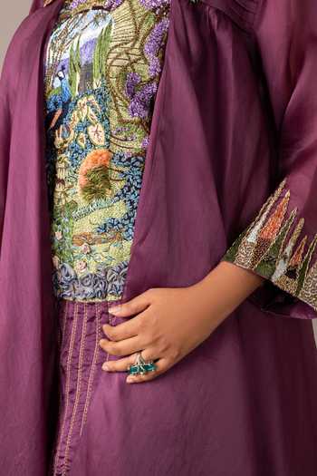 Buy A Humming Way Wine Organza, Georgette, Satin, Bemberg Hamada Embroidered Kurta Set With Cape Buy_A Humming Way_Wine Organza, Georgette, Satin, Bemberg Hamada Embroidered Kurta Set With Cape