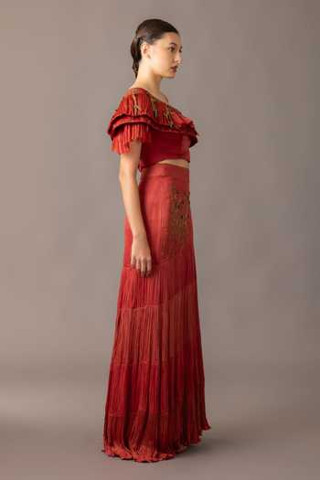 A Humming Way Red Satin, Chiffon One Shoulder Gill Fungi Ruched Blouse And Thar Skirt Set Online at Aza Fashions A Humming Way_Red Satin, Chiffon One Shoulder Gill Fungi Ruched Blouse And Thar Skirt Set _Online_at_Aza_Fashions
