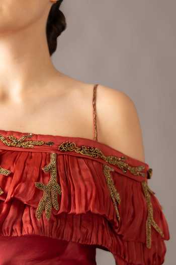 Buy A Humming Way Red Satin, Chiffon One Shoulder Gill Fungi Ruched Blouse And Thar Skirt Set Online at Aza Fashions Buy_A Humming Way_Red Satin, Chiffon One Shoulder Gill Fungi Ruched Blouse And Thar Skirt Set _Online_at_Aza_Fashions