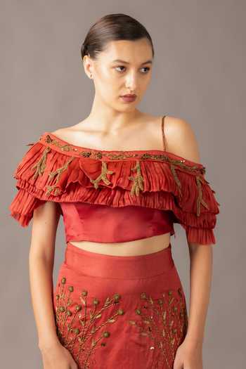 Shop A Humming Way Red Satin, Chiffon One Shoulder Gill Fungi Ruched Blouse And Thar Skirt Set Online at Aza Fashions Shop_A Humming Way_Red Satin, Chiffon One Shoulder Gill Fungi Ruched Blouse And Thar Skirt Set _Online_at_Aza_Fashions