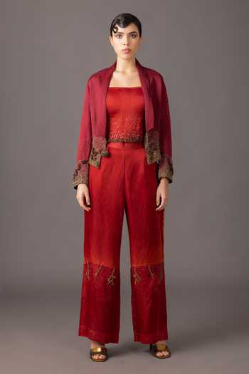Buy A Humming Way Maroon Satin, Linen Embroidery, Sequins, Beads Shawl Neck, Square Jacket Set Online at Aza Fashions Buy_A Humming Way_Maroon Satin, Linen Embroidery, Sequins, Beads Shawl Neck, Square Jacket Set _Online_at_Aza_Fashions