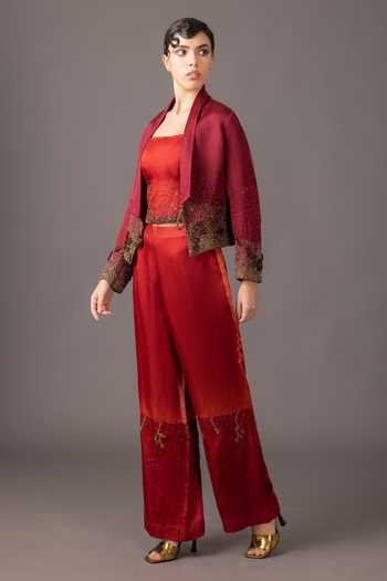 Shop A Humming Way Maroon Satin, Linen Embroidery, Sequins, Beads Shawl Neck, Square Jacket Set Online at Aza Fashions Shop_A Humming Way_Maroon Satin, Linen Embroidery, Sequins, Beads Shawl Neck, Square Jacket Set _Online_at_Aza_Fashions