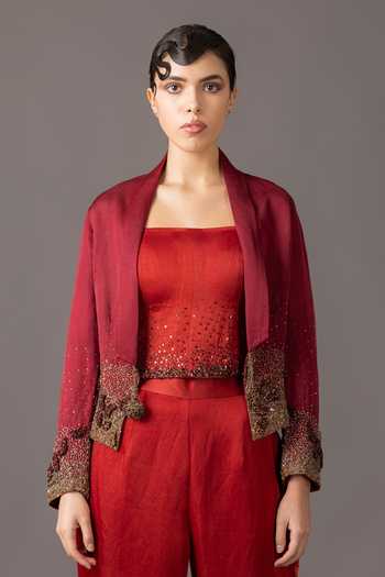 A Humming Way Maroon Satin, Linen Embroidery, Sequins, Beads Shawl Neck, Square Jacket Set at Aza Fashions A Humming Way_Maroon Satin, Linen Embroidery, Sequins, Beads Shawl Neck, Square Jacket Set _at_Aza_Fashions