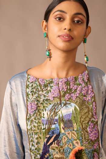 Shop A Humming Way Grey Chanderi, Tissue Boat Neck, Roma Stripes Embroidered Kurta And Sharara Set Online at Aza Fashions Shop_A Humming Way_Grey Chanderi, Tissue Boat Neck, Roma Stripes Embroidered Kurta And Sharara Set _Online_at_Aza_Fashions