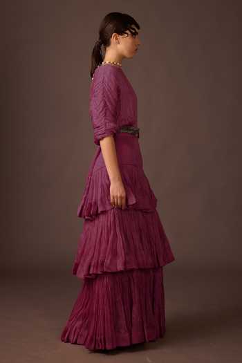 A Humming Way Purple Organza, Satin Boat Neck Ruched Top And Skirt Set Online at Aza Fashions A Humming Way_Purple Organza, Satin Boat Neck Ruched Top And Skirt Set _Online_at_Aza_Fashions