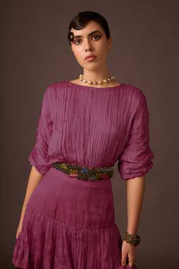 Buy A Humming Way Purple Organza, Satin Boat Neck Ruched Top And Skirt Set Online at Aza Fashions Buy_A Humming Way_Purple Organza, Satin Boat Neck Ruched Top And Skirt Set _Online_at_Aza_Fashions
