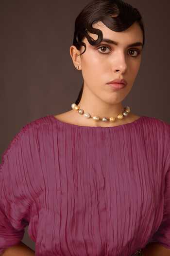 Shop A Humming Way Purple Organza, Satin Boat Neck Ruched Top And Skirt Set Online at Aza Fashions Shop_A Humming Way_Purple Organza, Satin Boat Neck Ruched Top And Skirt Set _Online_at_Aza_Fashions