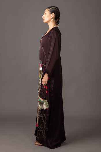 A Humming Way Black Georgette, Satin, Bemberg V-neck Humming Bird Kaftan Online at Aza Fashions A Humming Way_Black Georgette, Satin, Bemberg V-neck Humming Bird Kaftan _Online_at_Aza_Fashions