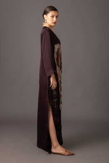 Buy A Humming Way Black Georgette, Satin, Bemberg V-neck Humming Bird Kaftan Online at Aza Fashions Buy_A Humming Way_Black Georgette, Satin, Bemberg V-neck Humming Bird Kaftan _Online_at_Aza_Fashions