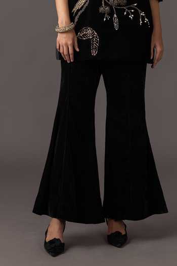 A Humming Way Black Velvet Round Neck Namib Red Embroidered Top And Pant Set Online at Aza Fashions A Humming Way_Black Velvet Round Neck Namib Red Embroidered Top And Pant Set _Online_at_Aza_Fashions
