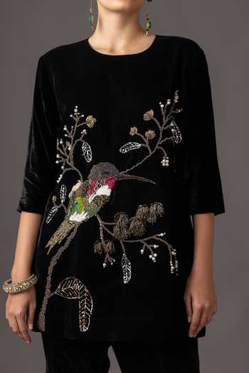 Buy A Humming Way Black Velvet Round Neck Namib Red Embroidered Top And Pant Set Online at Aza Fashions Buy_A Humming Way_Black Velvet Round Neck Namib Red Embroidered Top And Pant Set _Online_at_Aza_Fashions