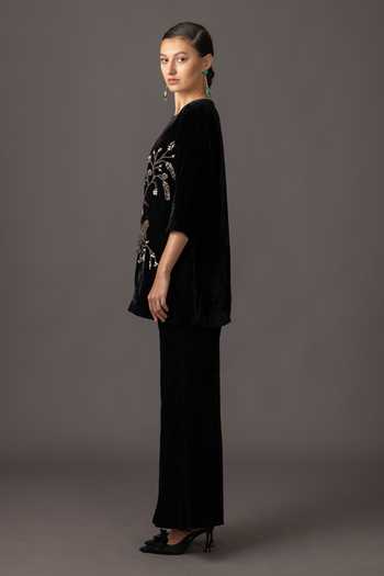 Shop A Humming Way Black Velvet Round Neck Namib Red Embroidered Top And Pant Set Online at Aza Fashions Shop_A Humming Way_Black Velvet Round Neck Namib Red Embroidered Top And Pant Set _Online_at_Aza_Fashions