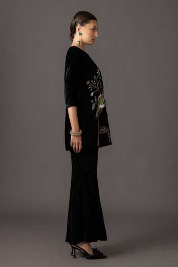 A Humming Way Black Velvet Round Neck Namib Red Embroidered Top And Pant Set at Aza Fashions A Humming Way_Black Velvet Round Neck Namib Red Embroidered Top And Pant Set _at_Aza_Fashions