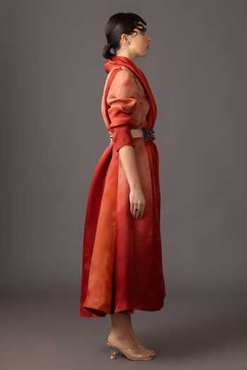 A Humming Way Red Organza, Satin Cowl Neck Embellished Dress With Belt Online at Aza Fashions A Humming Way_Red Organza, Satin Cowl Neck Embellished Dress With Belt _Online_at_Aza_Fashions