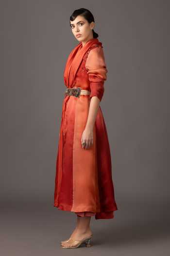 Buy A Humming Way Red Organza, Satin Cowl Neck Embellished Dress With Belt Online at Aza Fashions Buy_A Humming Way_Red Organza, Satin Cowl Neck Embellished Dress With Belt _Online_at_Aza_Fashions