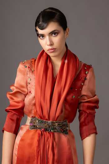 Shop A Humming Way Red Organza, Satin Cowl Neck Embellished Dress With Belt Online at Aza Fashions Shop_A Humming Way_Red Organza, Satin Cowl Neck Embellished Dress With Belt _Online_at_Aza_Fashions
