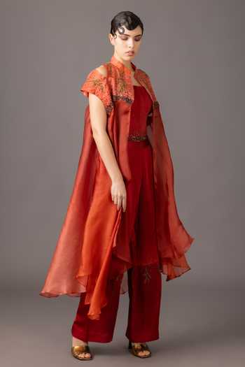 A Humming Way Maroon Satin, Linen Embroidery, Sequins, Beads Square Neck, Mandarin Jacket Set Online at Aza Fashions A Humming Way_Maroon Satin, Linen Embroidery, Sequins, Beads Square Neck, Mandarin Jacket Set _Online_at_Aza_Fashions