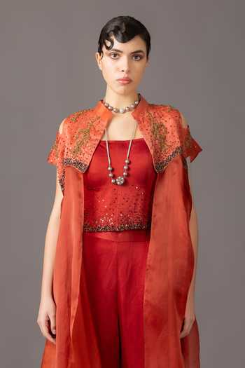 Shop A Humming Way Maroon Satin, Linen Embroidery, Sequins, Beads Square Neck, Mandarin Jacket Set Online at Aza Fashions Shop_A Humming Way_Maroon Satin, Linen Embroidery, Sequins, Beads Square Neck, Mandarin Jacket Set _Online_at_Aza_Fashions