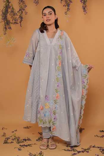 Buy_Banera_Blue Chanderi V-neck Orchid Embroidered Kurta Set _Online_at_Aza_Fashions