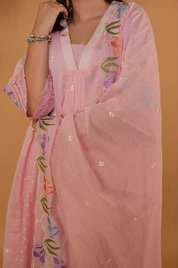 Banera Pink Chanderi V-neck Orchid Embroidered Kurta Pant Set Online at Aza Fashions Banera_Pink Chanderi V-neck Orchid Embroidered Kurta Pant Set _Online_at_Aza_Fashions