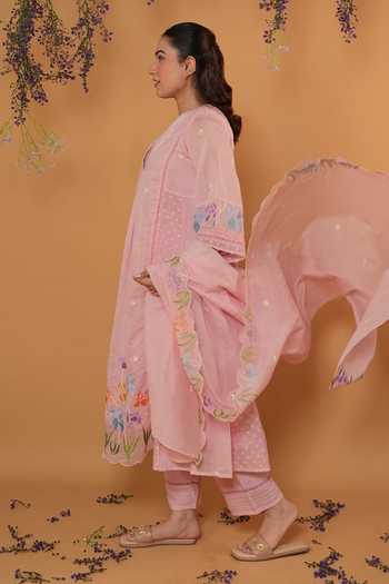Buy Banera Pink Chanderi V-neck Orchid Embroidered Kurta Pant Set Online at Aza Fashions Buy_Banera_Pink Chanderi V-neck Orchid Embroidered Kurta Pant Set _Online_at_Aza_Fashions